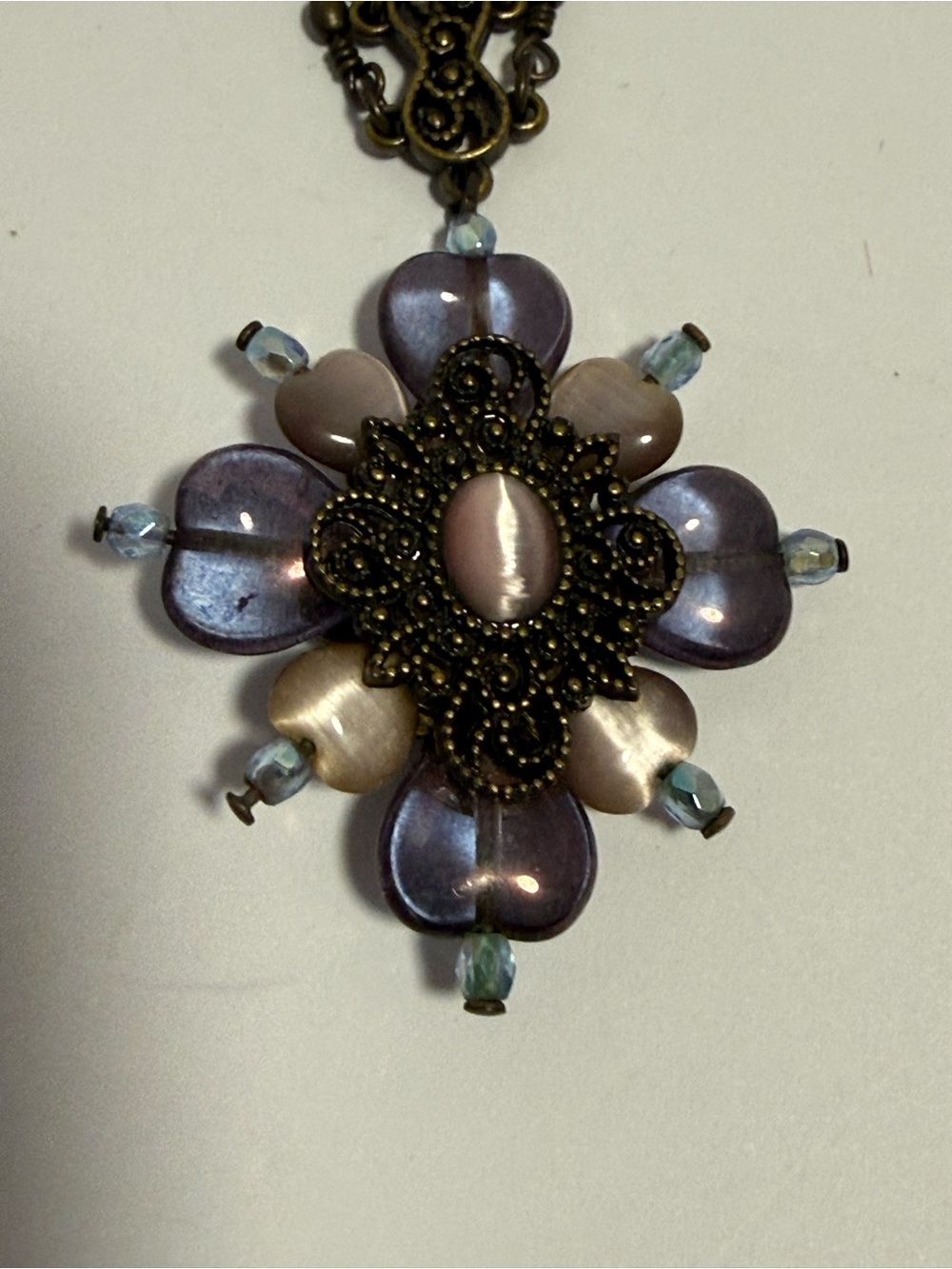 Vintage Style Antique Brass Filigree Purple Heart Beaded Cross Necklace